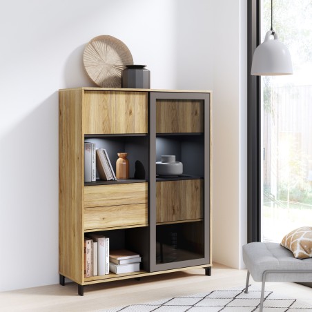 Vitrine SOUTH BEACH – Finition Chene Mauvella / Gris Foncé – 3 Portes dont 2 Vitrées – 2 Tiroirs – 115,5 × 39,7 × 14