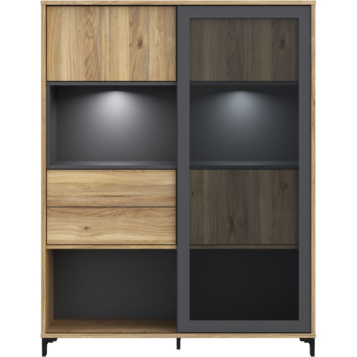 Vitrine SOUTH BEACH – Finition Chene Mauvella / Gris Foncé – 3 Portes dont 2 Vitrées – 2 Tiroirs – 115,5 × 39,7 × 14 Vitrine SOUTH BEACH – Finition Chene Mauvella / Gris Foncé – 3 Portes dont 2 Vitrées – 2 Tiroirs – 115,5 × 39,7 × 14