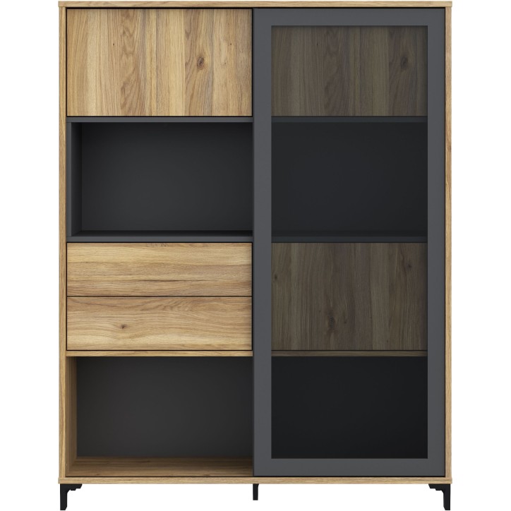 Vitrine SOUTH BEACH – Finition Chene Mauvella / Gris Foncé – 3 Portes dont 2 Vitrées – 2 Tiroirs – 115,5 × 39,7 × 14 Vitrine SOUTH BEACH – Finition Chene Mauvella / Gris Foncé – 3 Portes dont 2 Vitrées – 2 Tiroirs – 115,5 × 39,7 × 14