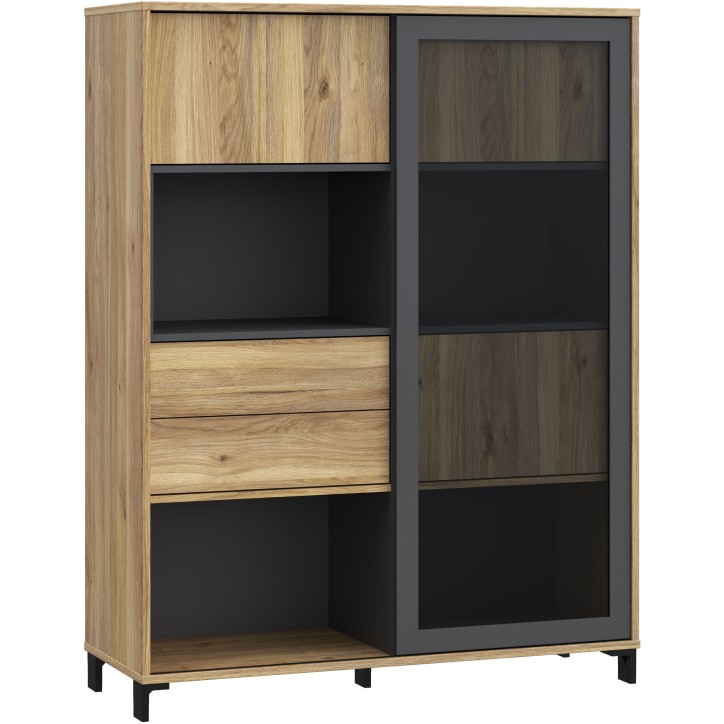 Vitrine SOUTH BEACH – Finition Chene Mauvella / Gris Foncé – 3 Portes dont 2 Vitrées – 2 Tiroirs – 115,5 × 39,7 × 14 Vitrine SOUTH BEACH – Finition Chene Mauvella / Gris Foncé – 3 Portes dont 2 Vitrées – 2 Tiroirs – 115,5 × 39,7 × 14