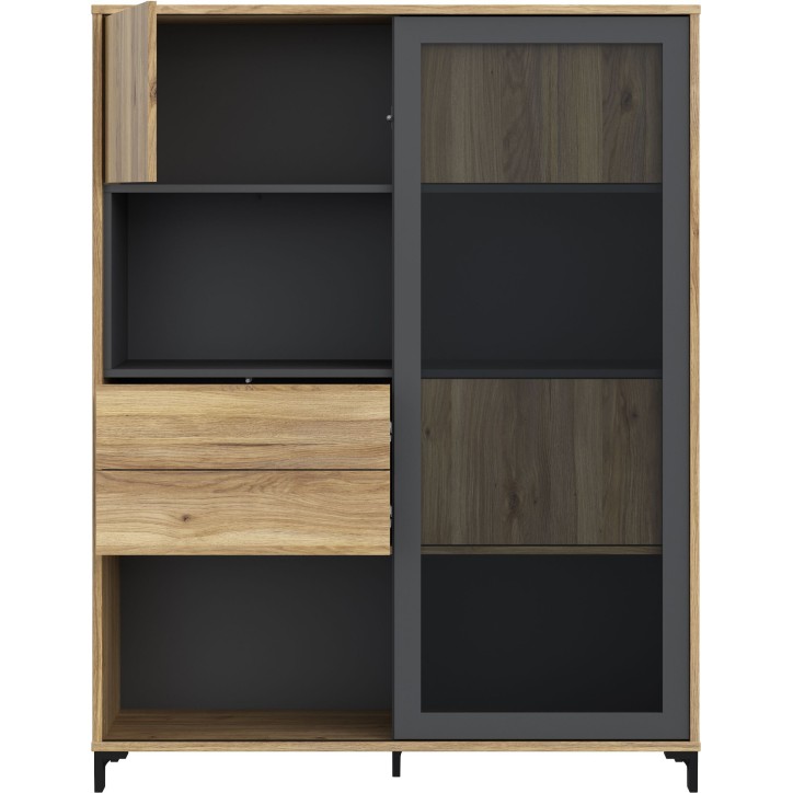 Vitrine SOUTH BEACH – Finition Chene Mauvella / Gris Foncé – 3 Portes dont 2 Vitrées – 2 Tiroirs – 115,5 × 39,7 × 14 Vitrine SOUTH BEACH – Finition Chene Mauvella / Gris Foncé – 3 Portes dont 2 Vitrées – 2 Tiroirs – 115,5 × 39,7 × 14