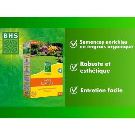 Gazon - BHS - Gazon Rustique 1 KG - Plus résistant et mieux protégé - Rapide et Durable - Tous Types de Terrain et Climats, R