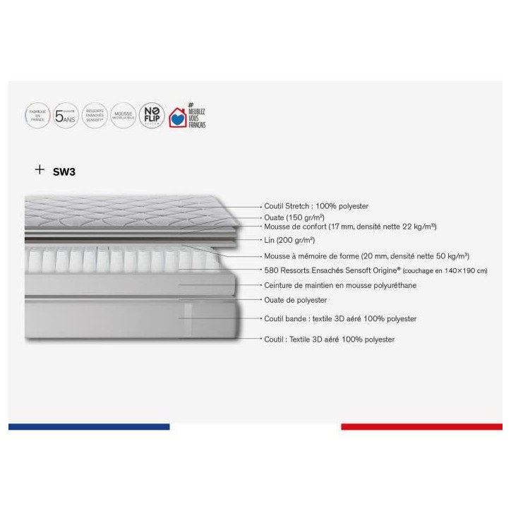 SIMMONS SW3 Matelas 90 x 200 - Ep. 25 cm - Ressorts ensachés Sensoft - No Flip - Ferme - Fabriqué en France SIMMONS SW3 Matelas 90 x 200 - Ep. 25 cm - Ressorts ensachés Sensoft - No Flip - Ferme - Fabriqué en France