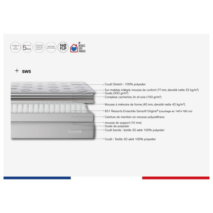 Ensemble matelas sommier 160 x 200 SIMMONS Hauteur 29 cm - Ressorts ensachés Sensoft - Fabriqué en France - SW5 Ensemble matelas sommier 160 x 200 SIMMONS Hauteur 29 cm - Ressorts ensachés Sensoft - Fabriqué en France - SW5
