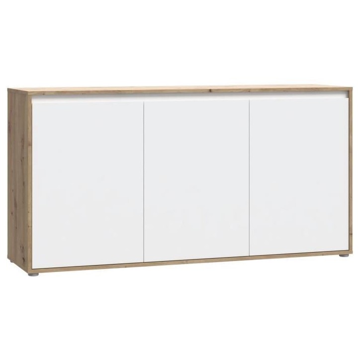 Buffet - SKELPE - Blanc mat et chene - 3 portes + 3 tablettes - 152,6 x 42 x 78,5 cm Buffet - SKELPE - Blanc mat et chene - 3 portes + 3 tablettes - 152,6 x 42 x 78,5 cm