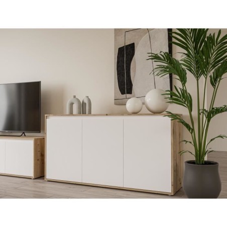 Buffet - SKELPE - Blanc mat et chene - 3 portes + 3 tablettes - 152,6 x 42 x 78,5 cm