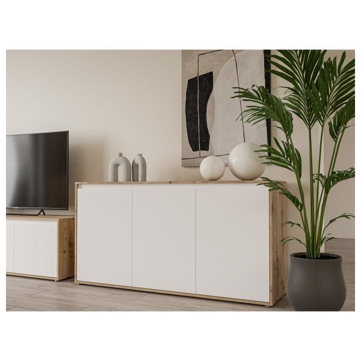 Buffet - SKELPE - Blanc mat et chene - 3 portes + 3 tablettes - 152,6 x 42 x 78,5 cm Buffet - SKELPE - Blanc mat et chene - 3 portes + 3 tablettes - 152,6 x 42 x 78,5 cm