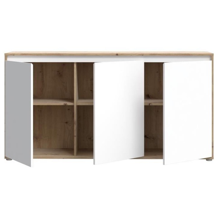 Buffet - SKELPE - Blanc mat et chene - 3 portes + 3 tablettes - 152,6 x 42 x 78,5 cm Buffet - SKELPE - Blanc mat et chene - 3 portes + 3 tablettes - 152,6 x 42 x 78,5 cm