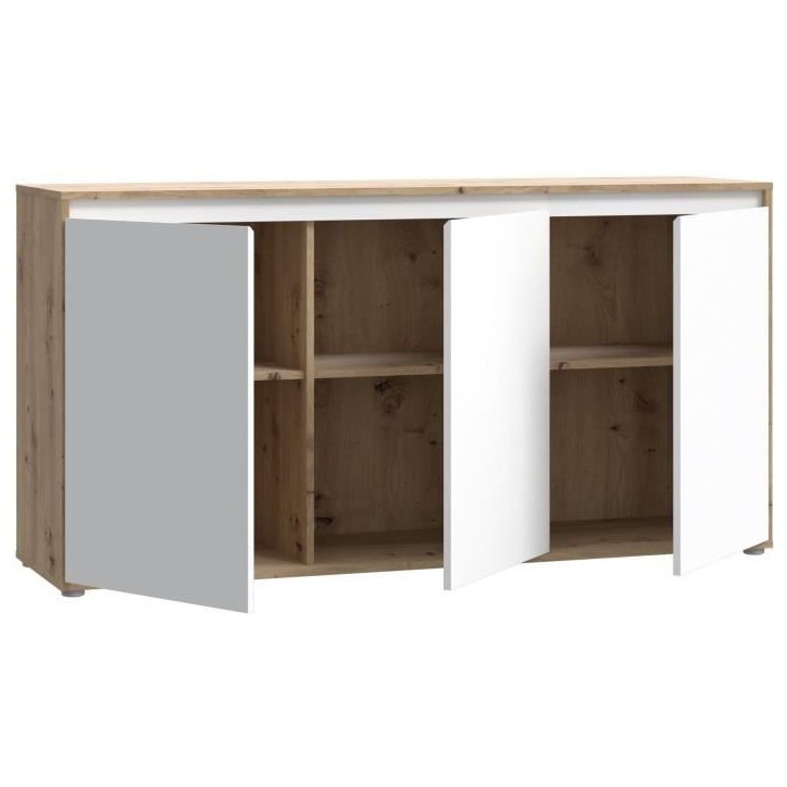 Buffet - SKELPE - Blanc mat et chene - 3 portes + 3 tablettes - 152,6 x 42 x 78,5 cm Buffet - SKELPE - Blanc mat et chene - 3 portes + 3 tablettes - 152,6 x 42 x 78,5 cm