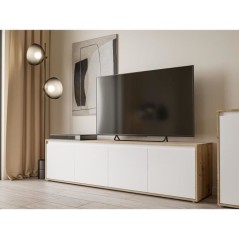 Meuble TV - SKELPE- Blanc mat et chene - 4 portes - 188,3 x 42 x 49,7