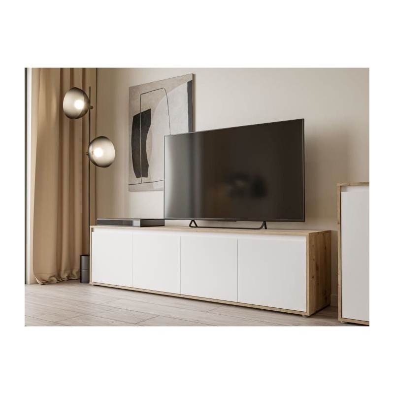 Meuble TV - SKELPE- Blanc mat et chene - 4 portes - 188,3 x 42 x 49,7