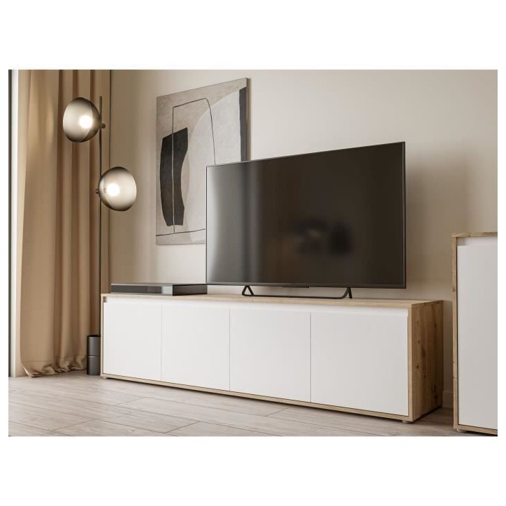 Meuble TV - SKELPE- Blanc mat et chene - 4 portes - 188,3 x 42 x 49,7 cm Meuble TV - SKELPE- Blanc mat et chene - 4 portes - 188,3 x 42 x 49,7 cm