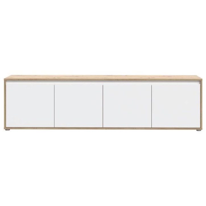 Meuble TV - SKELPE- Blanc mat et chene - 4 portes - 188,3 x 42 x 49,7 cm Meuble TV - SKELPE- Blanc mat et chene - 4 portes - 188,3 x 42 x 49,7 cm