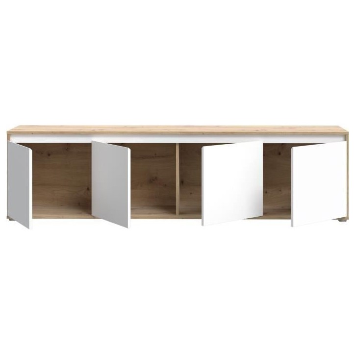 Meuble TV - SKELPE- Blanc mat et chene - 4 portes - 188,3 x 42 x 49,7 cm Meuble TV - SKELPE- Blanc mat et chene - 4 portes - 188,3 x 42 x 49,7 cm
