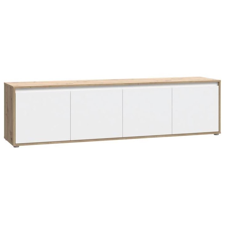 Meuble TV - SKELPE- Blanc mat et chene - 4 portes - 188,3 x 42 x 49,7 cm Meuble TV - SKELPE- Blanc mat et chene - 4 portes - 188,3 x 42 x 49,7 cm
