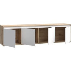 Meuble TV - SKELPE- Blanc mat et chene - 4 portes - 188,3 x 42 x 49,7