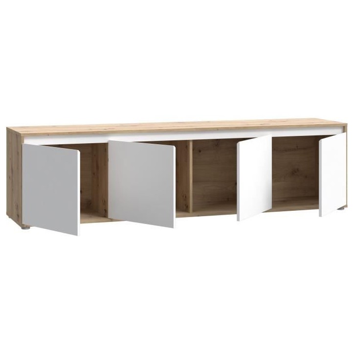 Meuble TV - SKELPE- Blanc mat et chene - 4 portes - 188,3 x 42 x 49,7 cm Meuble TV - SKELPE- Blanc mat et chene - 4 portes - 188,3 x 42 x 49,7 cm
