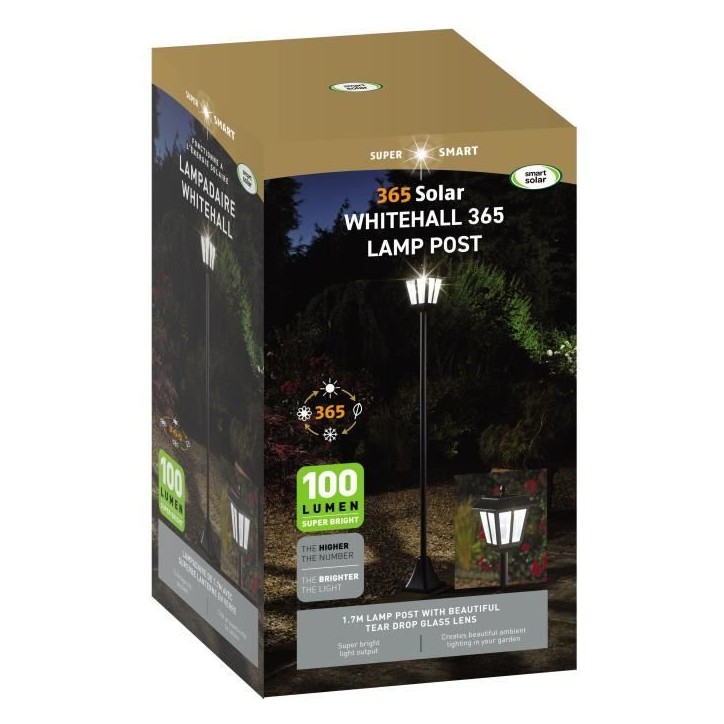Lampadaire solaire lanterne 170 cm SMART SOLAR - 100 lm, lentille verre effet goutte, LED blanc froid Lampadaire solaire lanterne 170 cm SMART SOLAR - 100 lm, lentille verre effet goutte, LED blanc froid