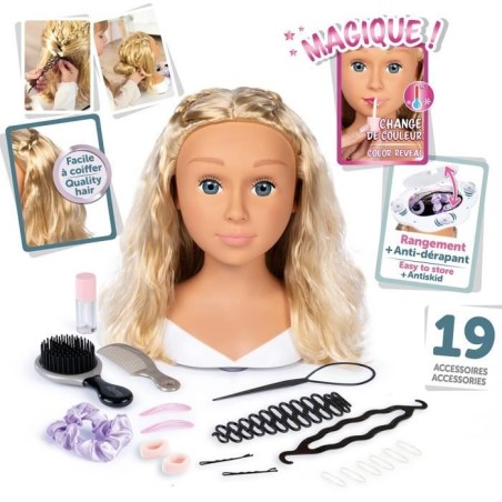 Smoby - Tete a coiffer blonde - Facile a coiffer - 19 accessoires réalistes - Levres thermosensibles - Trappe de rangement