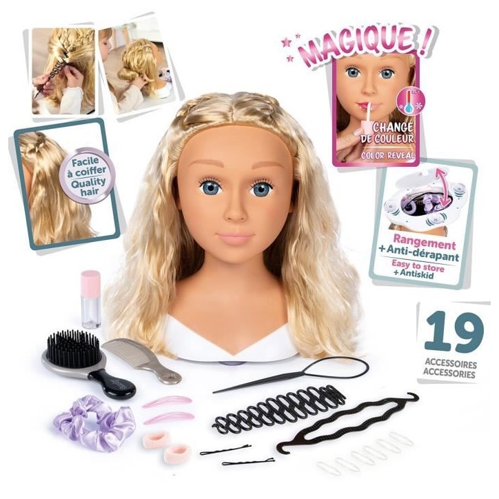 Smoby - Tete a coiffer blonde - Facile a coiffer - 19 accessoires réalistes - Levres thermosensibles - Trappe de rangement Smoby - Tete a coiffer blonde - Facile a coiffer - 19 accessoires réalistes - Levres thermosensibles - Trappe de rangement