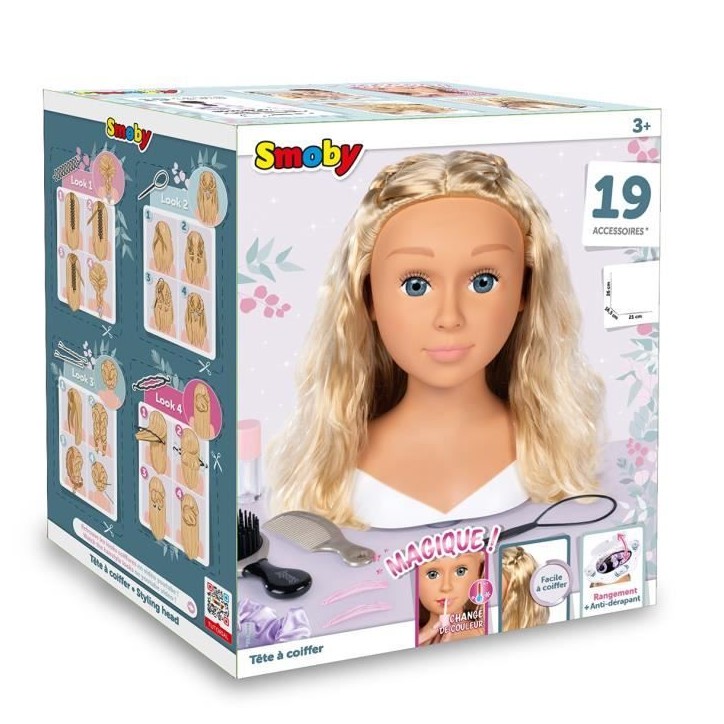 Smoby - Tete a coiffer blonde - Facile a coiffer - 19 accessoires réalistes - Levres thermosensibles - Trappe de rangement Smoby - Tete a coiffer blonde - Facile a coiffer - 19 accessoires réalistes - Levres thermosensibles - Trappe de rangement