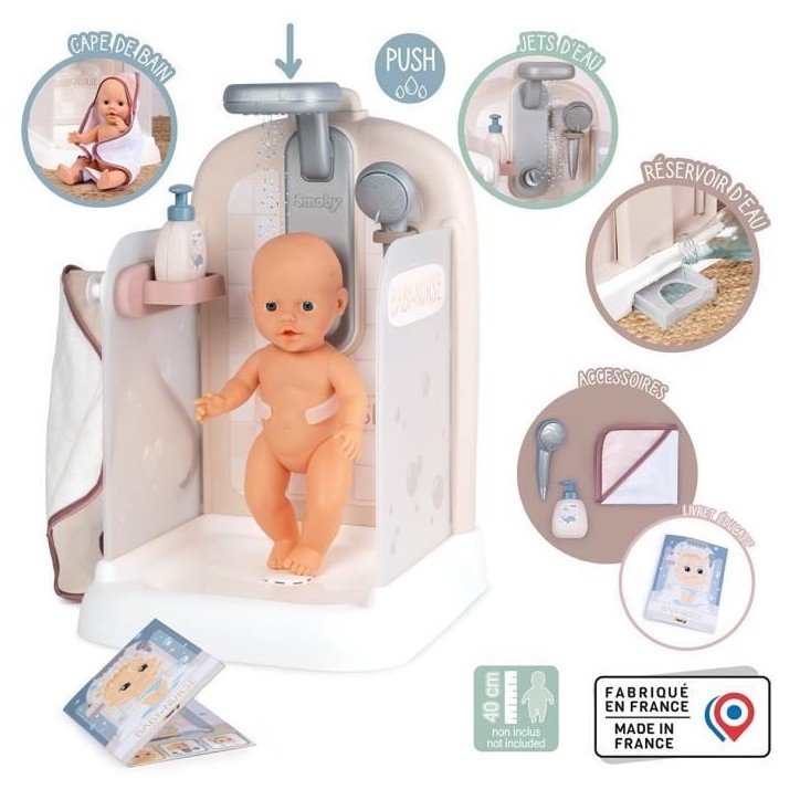 Baby Nurse - Douche - Cape de bain + pousse mousse - Douchette amovible et focntionnel - Pour poupons jusqu'a 40 cm Baby Nurse - Douche - Cape de bain + pousse mousse - Douchette amovible et focntionnel - Pour poupons jusqu'a 40 cm