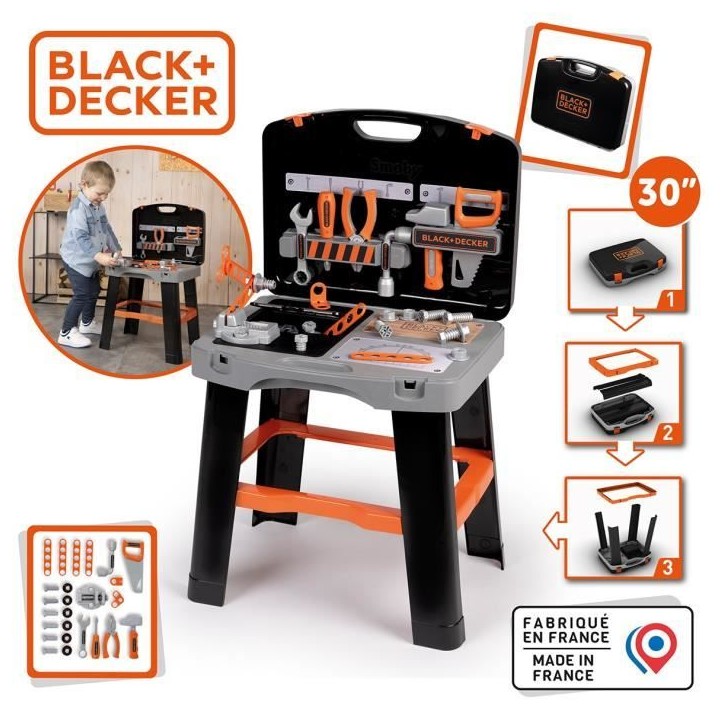 Smoby - Black and Decker -Etabli Bricolo Smart - Jeu d'imitation - Mallette qui se transforme en établi - 33 accessoires inclus Smoby - Black and Decker -Etabli Bricolo Smart - Jeu d'imitation - Mallette qui se transforme en établi - 33 accessoires inclus