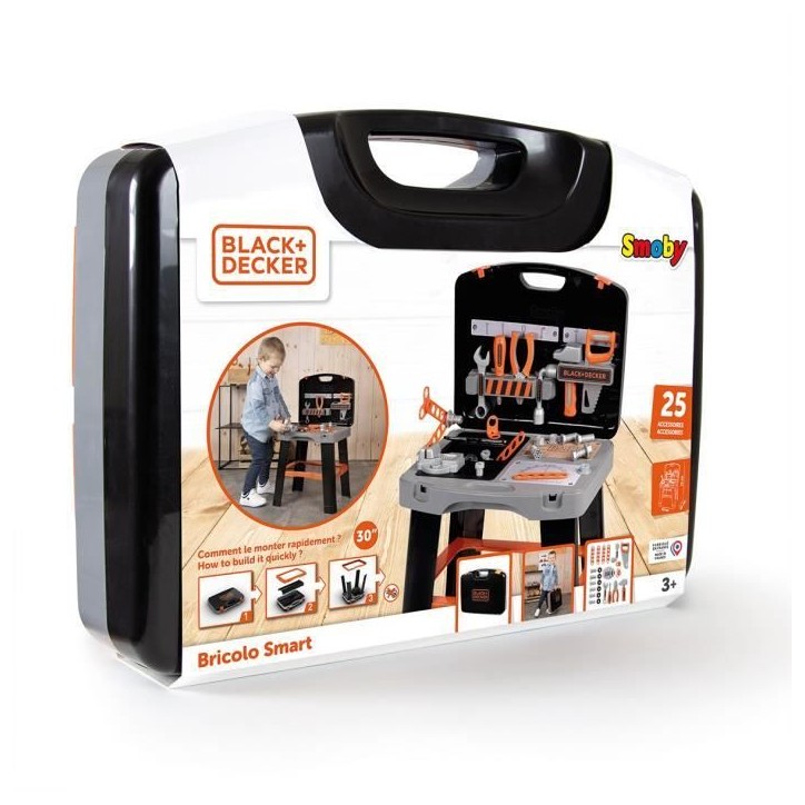 Smoby - Black and Decker -Etabli Bricolo Smart - Jeu d'imitation - Mallette qui se transforme en établi - 33 accessoires inclus Smoby - Black and Decker -Etabli Bricolo Smart - Jeu d'imitation - Mallette qui se transforme en établi - 33 accessoires inclus
