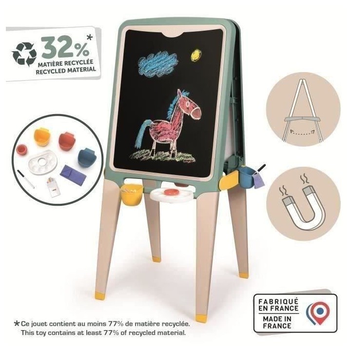 SMOBY - Grand Tableau - Faces Craie et Magnétique - Bacs Amovibles - 13 Accessoires - Matiere Recyclée - Fabrication Français