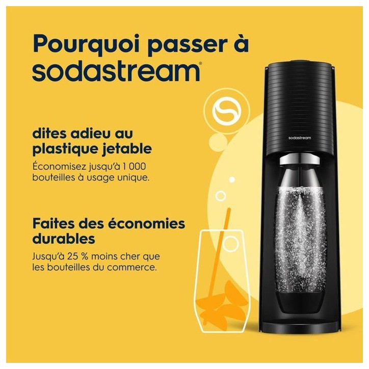 Machine a soda et eau pétillante SODASTREAM - TERRA Noire - 2 bouteilles compatible lave-vaisselle - 1 recharge de gaz 60L