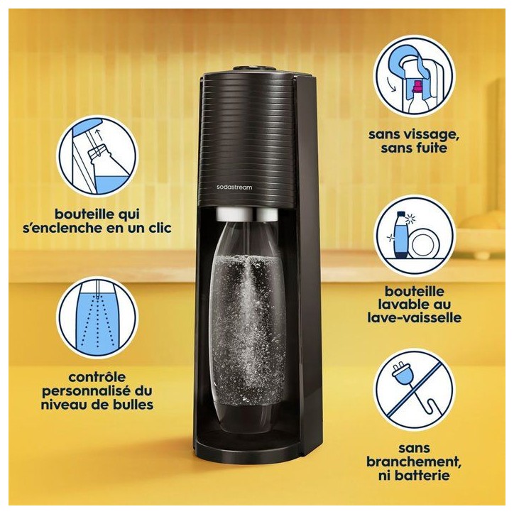 Machine a soda et eau pétillante SODASTREAM - TERRA Noire - 2 bouteilles compatible lave-vaisselle - 1 recharge de gaz 60L