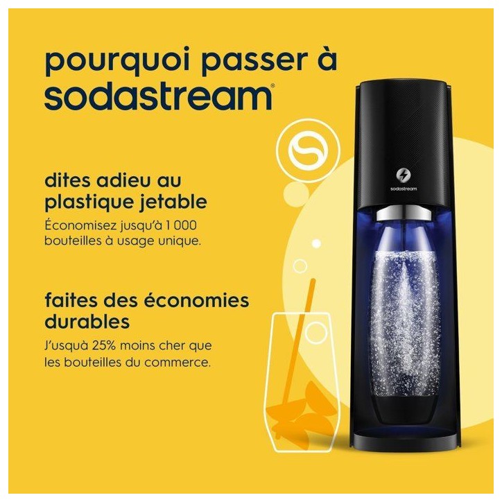 Machine a soda et eau pétillante - SODASTREAM - E-TERRA - 1 bouteille compatible lave-vaisselle - 1 recharge de gaz 60L - Noir