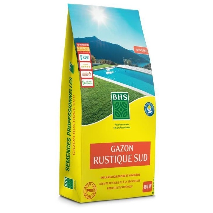 Gazon - BHS - Gazon Rustique Sud - 10kg - Résistant aux conditions seches grâce a la fétuque élevée. Rapide et homogene.