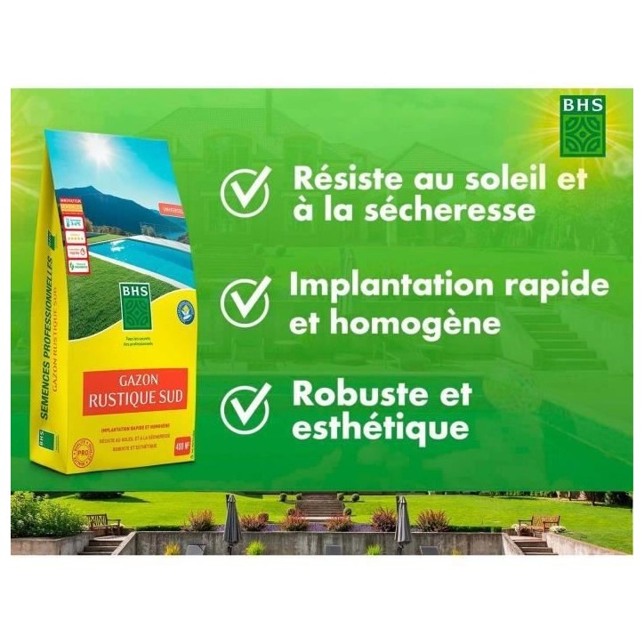 Gazon - BHS - Gazon Rustique Sud - 10kg - Résistant aux conditions seches grâce a la fétuque élevée. Rapide et homogene.