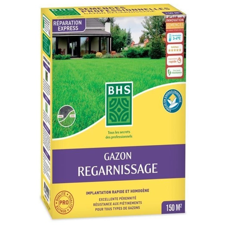 Gazon Regarnissage Terrain Sec - BHS - 3kg | 150 m² | Résistant et durable, avec excellente pérennité et tolérance aux pié