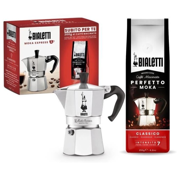 Cafetiere italienne + 1 Café Perfetto Moka Classico - BIALETTI - MOKA - 3 tasses - 0,30 L - Paquet de 250 g - Argent Cafetiere italienne + 1 Café Perfetto Moka Classico - BIALETTI - MOKA - 3 tasses - 0,30 L - Paquet de 250 g - Argent