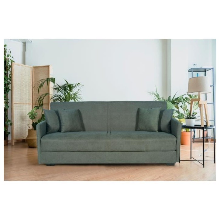 Canapé convertible 3 places - BIANCA - Tissu vert foncé - 4 coussins - Coffre de rangement - 204 x 92 x 91 cm Canapé convertible 3 places - BIANCA - Tissu vert foncé - 4 coussins - Coffre de rangement - 204 x 92 x 91 cm
