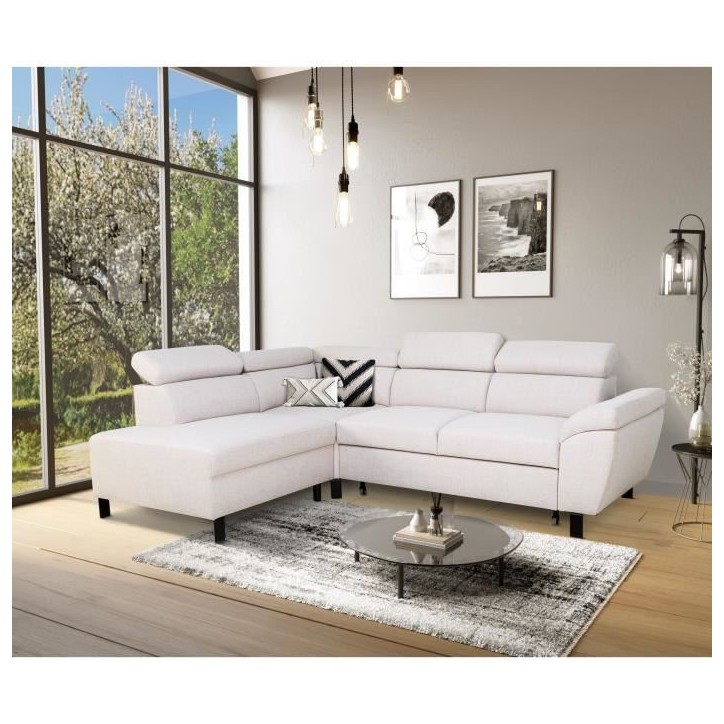 Canapé d'angle convertible - 4 personnes - STAN - Tissu Beige - 3 tétieres - Réversible - 243 x 92 x 184 cm Canapé d'angle convertible - 4 personnes - STAN - Tissu Beige - 3 tétieres - Réversible - 243 x 92 x 184 cm