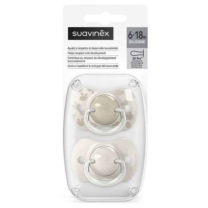 Lot de 2 sucettes symétriques - SUAVINEX - Birdies - SX Pro - 6 a 18 mois - Beige