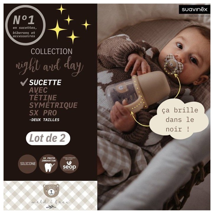 Lot de 2 sucettes symétriques - SUAVINEX - Night&Day Wild&Free - SX Pro - 0 a 6 mois - Rose Lot de 2 sucettes symétriques - SUAVINEX - Night&Day Wild&Free - SX Pro - 0 a 6 mois - Rose