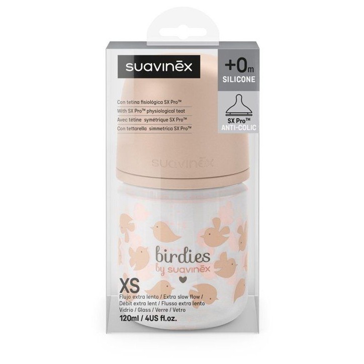 Biberon verre - SUAVINEX - Birdies - Tétine SX Pro XS - 120 ml - 0 a 3 mois - Rose Biberon verre - SUAVINEX - Birdies - Tétine SX Pro XS - 120 ml - 0 a 3 mois - Rose