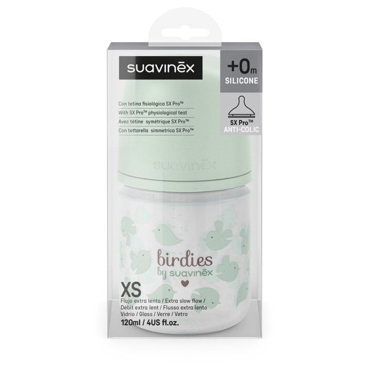 Biberon verre - SUAVINEX - Birdies - Tétine SX Pro XS - 120 ml - 0 a 3 mois - Vert Biberon verre - SUAVINEX - Birdies - Tétine SX Pro XS - 120 ml - 0 a 3 mois - Vert