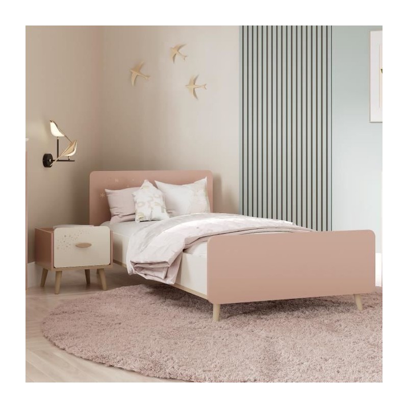 Ensemble Lit et table de chevet - SUZIE - 90 x 190 cm - Chene / Abrico