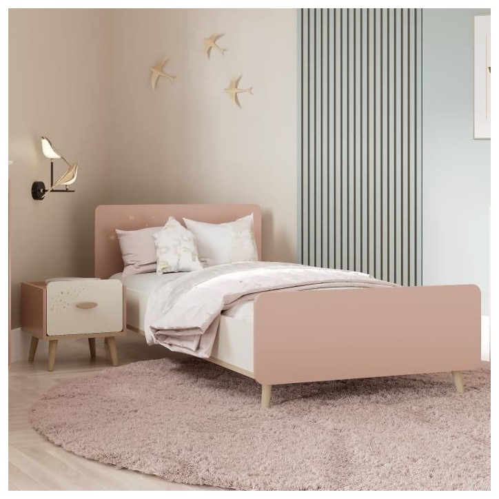 Ensemble Lit et table de chevet - SUZIE - 90 x 190 cm - Chene / Abricot - DEMEYERE Ensemble Lit et table de chevet - SUZIE - 90 x 190 cm - Chene / Abricot - DEMEYERE