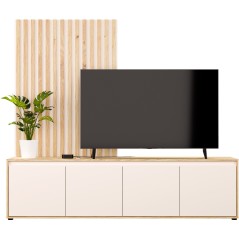 Meuble TV paroi - SKELPE - Sable / Chene - 4 portes - 188,3 x 42 x 169