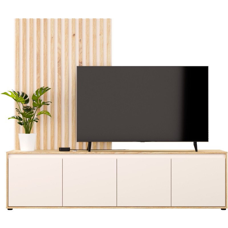 Meuble TV paroi - SKELPE - Sable / Chene - 4 portes - 188,3 x 42 x 169