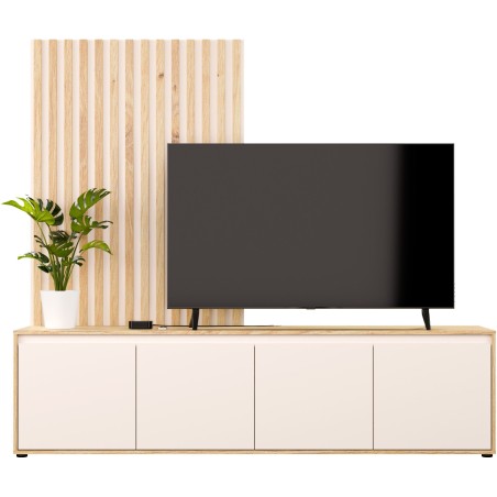 Meuble TV paroi - SKELPE - Sable / Chene - 4 portes - 188,3 x 42 x 169