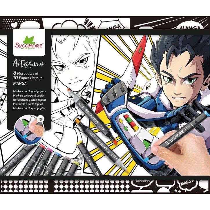Coffret créatif - SYCOMORE - Layout et marqueurs - Manga Garçon - Des 10 ans Coffret créatif - SYCOMORE - Layout et marqueurs - Manga Garçon - Des 10 ans