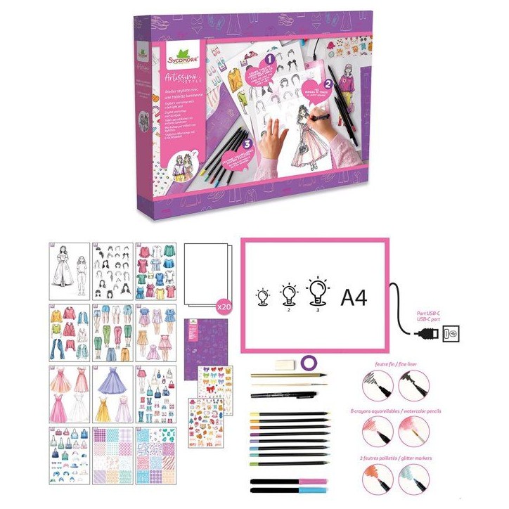 Kit créatif - SYCOMORE - Artissimo - Atelier stylisme avec tablette lumineuse - Des 7 ans Kit créatif - SYCOMORE - Artissimo - Atelier stylisme avec tablette lumineuse - Des 7 ans