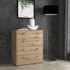 Commode TEMPRA 4 Tiroirs - Décor Chene Artisan – L 73,7 × P 34,8 × H 85,5 cm